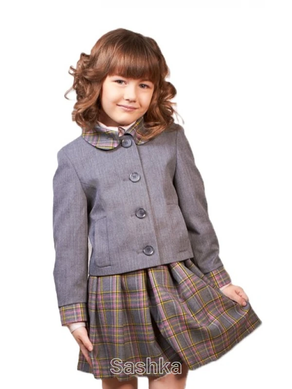 Жакет для дівчинки Sashka шкільний сірий з клітинкою (напіввовна), розмір 116-152